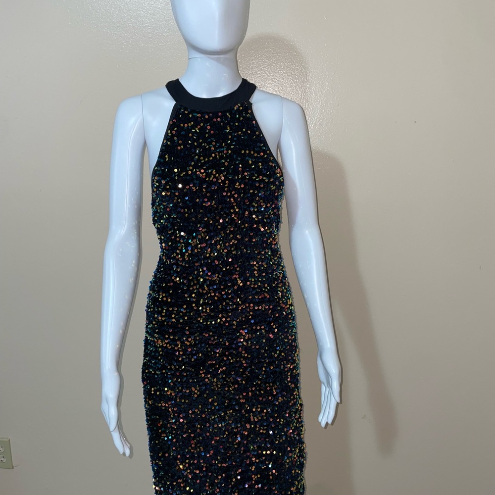 SHEIN Black Sequin Halter Midi Dress
